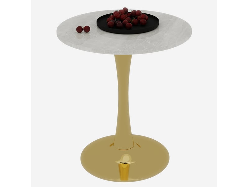  Guéridon rond 70x70x72 cm, 2 places, plateau effet marbre veiné, pied central, marbre artificiel, doré et blanc  - Conforama A