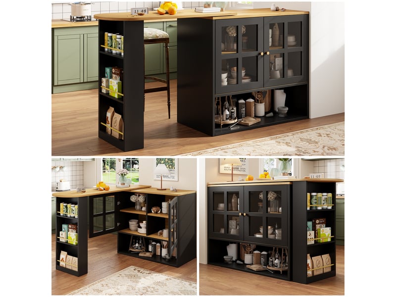 Table de bar pivotante à 360 degrés, îlot de cuisine extensible noir (138-204cm) avec étagères de rangement et portes en verre. - Conforama C