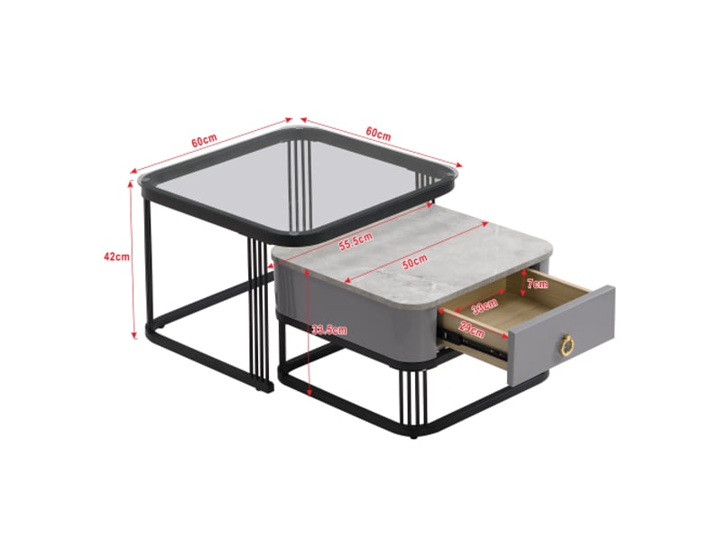 Table basse empilable – effet marbre brillant, plateau en verre, pieds noirs, tiroirs – set de 2 - Conforama C