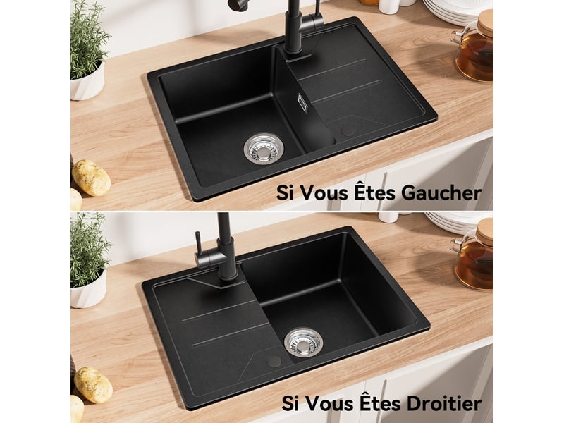 Derw max évier en granit 65x45cm - évier de cuisine noir - avec égouttoir et système d’évacuation - évier à poser - Conforama D