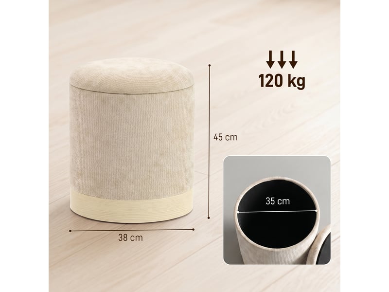  Pouf coffre rangement, tabouret rond en chenille, beige, pouf repose-pieds avec base en métal effet bois  - Conforama C