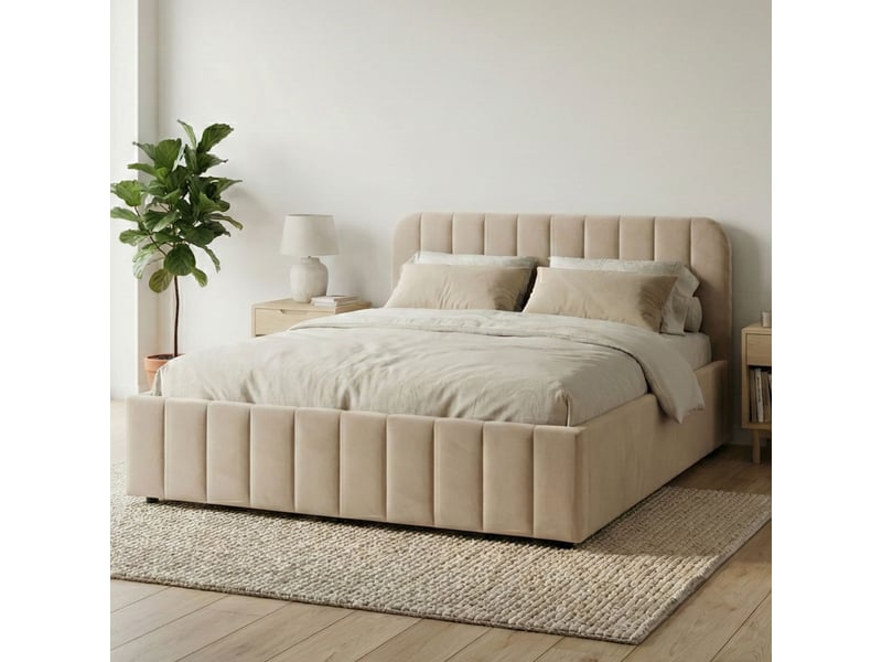 Lit coffre 160x200 velours écru avec tête de lit terre de nuit - Conforama B