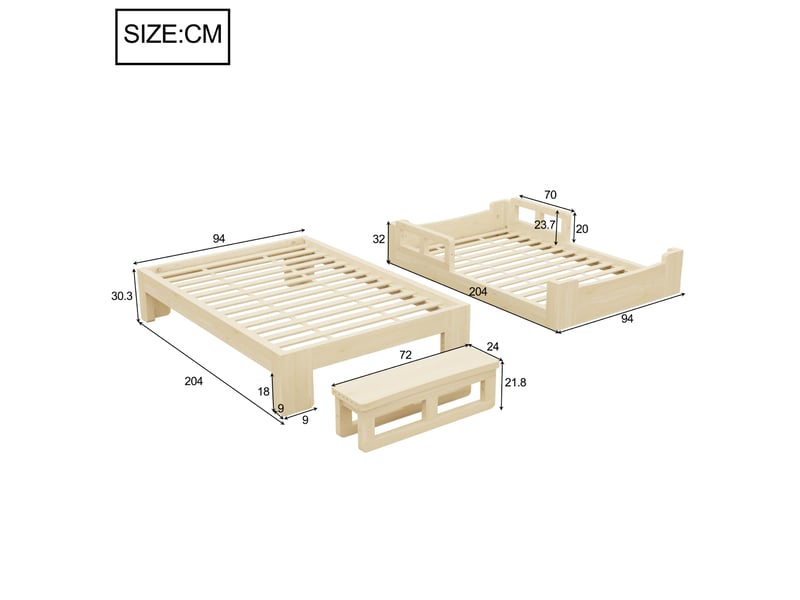  Lit enfant évolutif 90 x 200 cm en bois naturel, lit au sol avec barrières de sécurité, sommier à lattes, convertible en lit simple avec banquette  - Conforama D