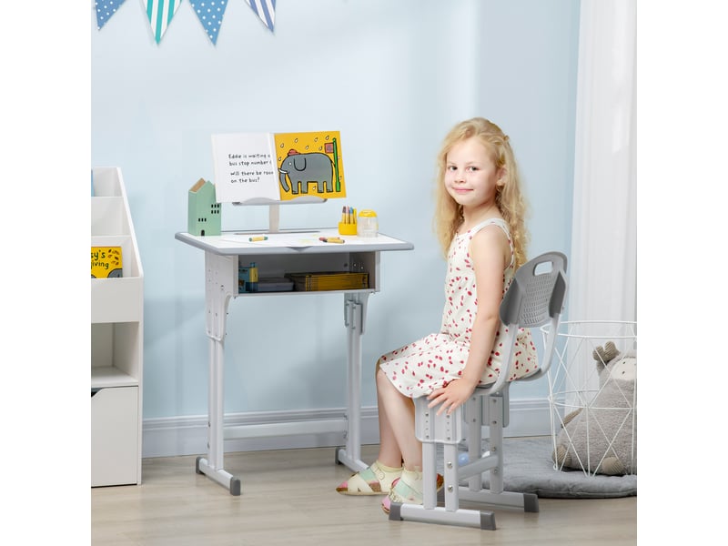  Bureau et chaise pour enfant avec support de lecture casier crochet et porte stylo 60 x 45x 90-102 cm gris  - Conforama B