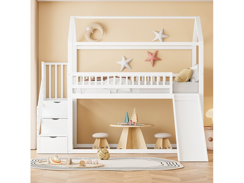  Lit mezzanine, 90x200 cm, lit en hauteur, avec toboggan, escalier de rangement, matelas non inclus, bois, coloris blanc  - Conforama D