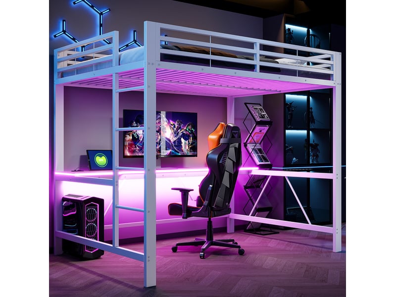 Lit mezzanine gamer 140x200 cm en métal avec bureau, led et usb, blanc - Conforama E