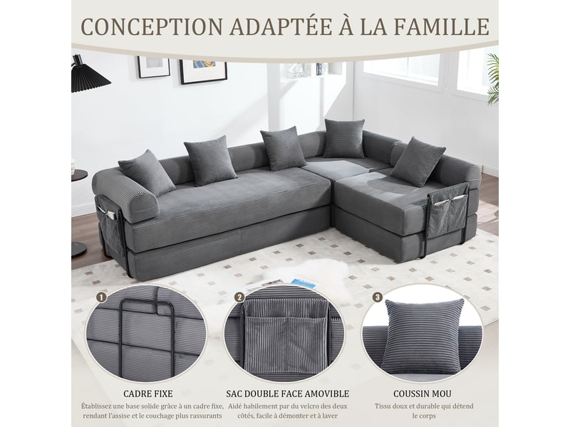  Canapé modulable gris foncé en velours côtelé 270x180x64 cm, compressé, avec poche de rangement, salon W2845S00495 - Conforama D