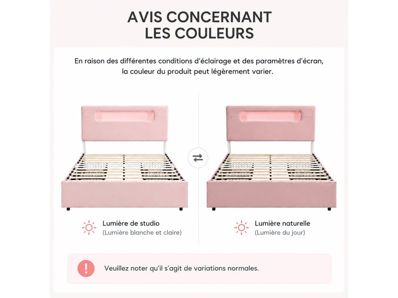  Lit enfant rembourré 140 x 200 cm à tête réglable avec éclairage led, 4 tiroirs de rangement, lit d'appoint pour chambre, rose  - Conforama E