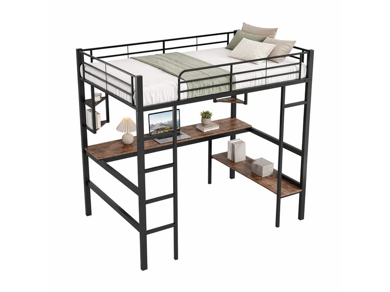  Lit mezzanine 200×90 cm avec bureau, étagères et bibliothèque, structure en métal et mdf noir  - Conforama A
