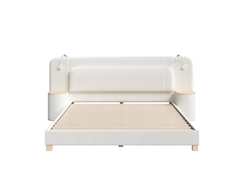  Lit rembourré 180 × 200 cm, avec lampes de chevet et deux tables de chevet, grand tête de lit, tissu velours côtelé, couleur beige  - Conforama A