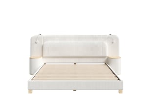 Lit rembourré 180 × 200 cm, avec lampes de chevet et deux tables de chevet, grand tête de lit, tissu velours côtelé, couleur beige