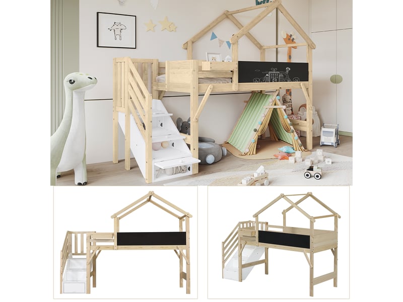  Lit mezzanine 90 × 200 cm blanc et naturel, cabane avec escalier et tableau IKSETERA TRADING LTD - Conforama E