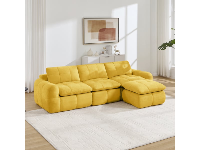 Canapé 3 places - 264 x 160 x 68 cm - canapé modulable en l en chenille avec 1 pouf amovible et coussins - jaune  - Conforama D