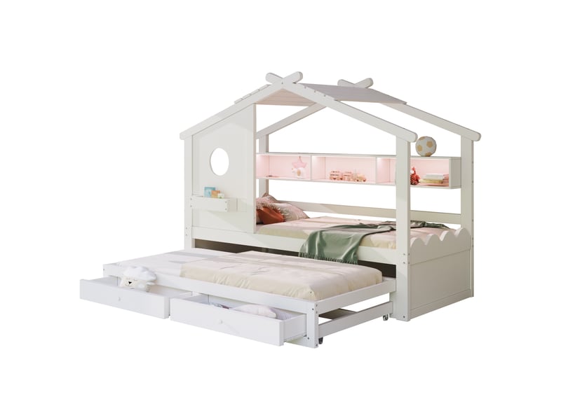  Lit cabane enfant 90 x 200 cm blanc lit gigogne 90 x 190 cm design maison led usb-c 2 tiroirs étagères et rangements sans matelas  - Conforama A