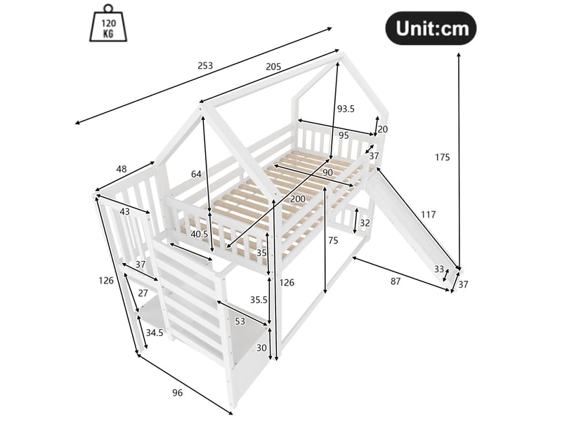  Lit superposé enfant 90x200 cm, avec toboggan, escalier de rangement, design cabane, bois blanc, sommier, sans matelas  - Conforama C