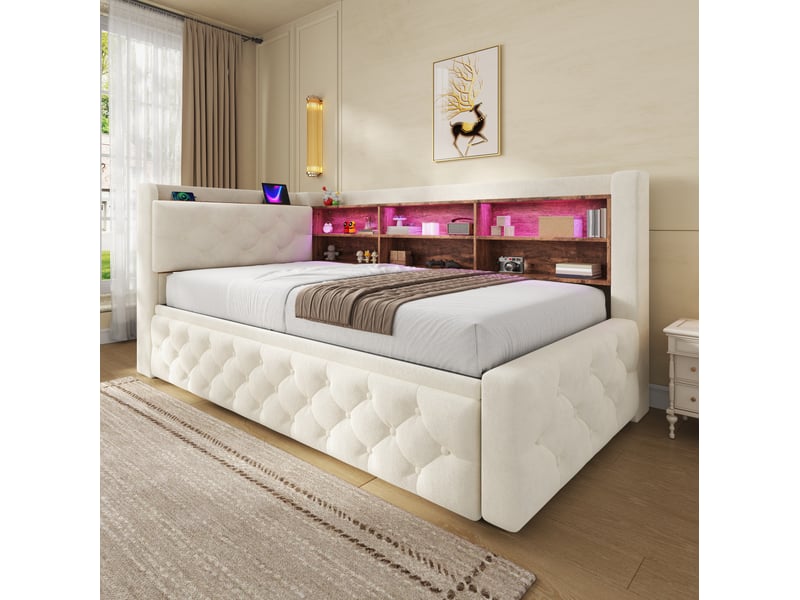  Banquette-lit extensible, 90x190 cm, avec rangement, led, usb et type c, matelas non inclus, velours, coloris beige  - Conforama B