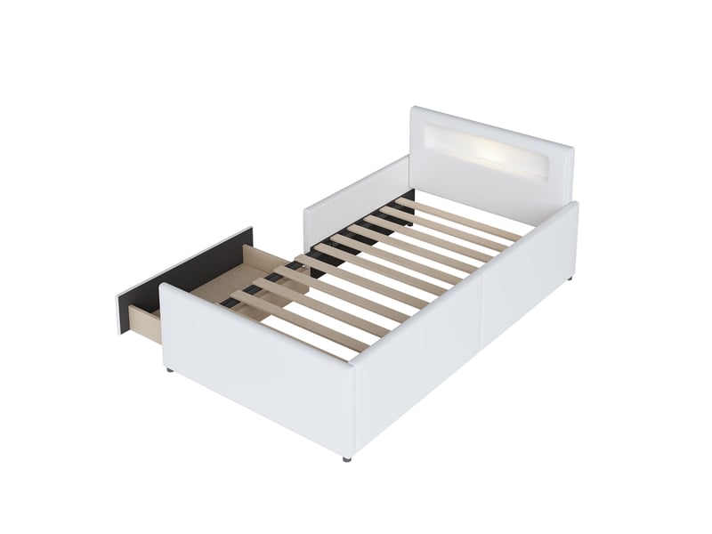 Lit enfant 90x200 cm avec led, tiroir, port usb, sommier, cuir artificiel blanc, sans matelas - Conforama R