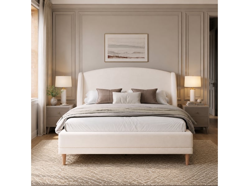  Lit 140x190 cm en tissu bouclé blanc ivoire, tête de lit à oreilles et sommier à lattes  - Conforama E