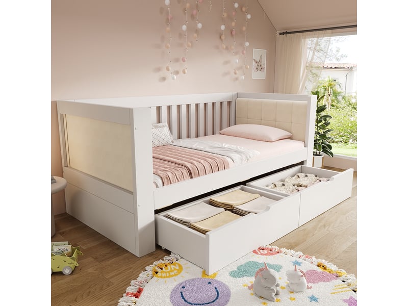 Lit banquette 90 x 200 cm, avec 2 tiroirs, méridienne accoudoirs arrondis, structure en bois, matelas non inclus, blanc - Conforama B