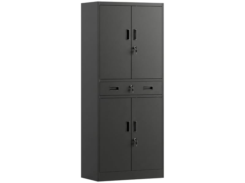  Armoire métallique 180 cm, armoire à outils avec portes verrouillables, tiroir et étagères réglables, noire  - Conforama A