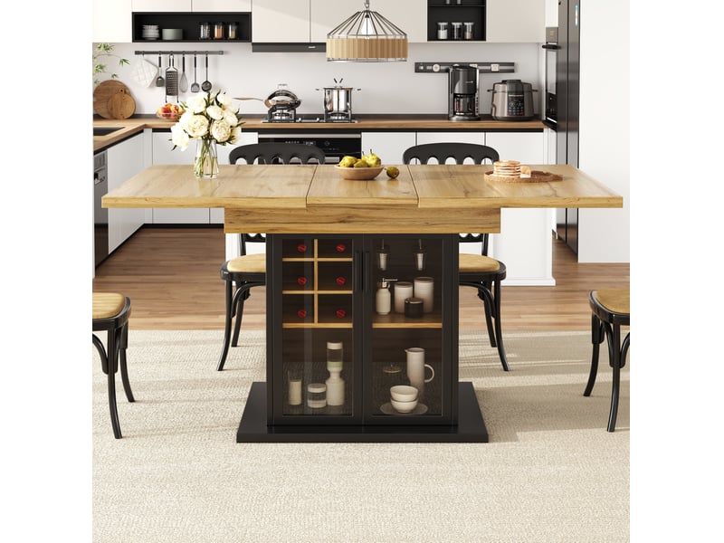  Table extensible 110-140x80x76cm, pour 4-6 personnes, plateau mdf noir, porte en verre trempé, range-bouteille amovible  - Conforama E