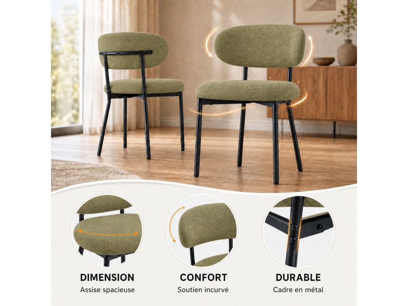  Lot de 4 chaises de salle à manger avec dossier et pieds en métal – chaises modernes rembourrées en tissu pour cuisine, salle à manger ou salon，vert  - Conforama D