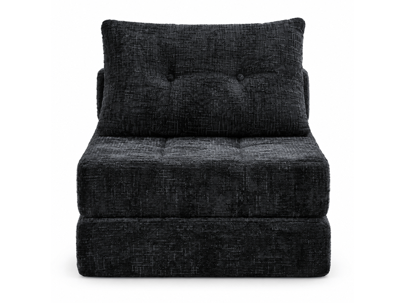 Canapé convertible pliable chenille noir avec coussins, dossier et matelas intégré - Conforama A