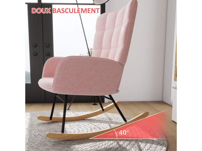  Fauteuil à bascule en tissu bouclé et acier rose 71 x 98 x 101 cm  - Conforama D
