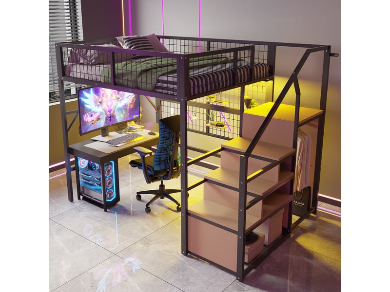  Lit mezzanine 140x200cm coloris noir led métal lit enfant noir - Conforama E