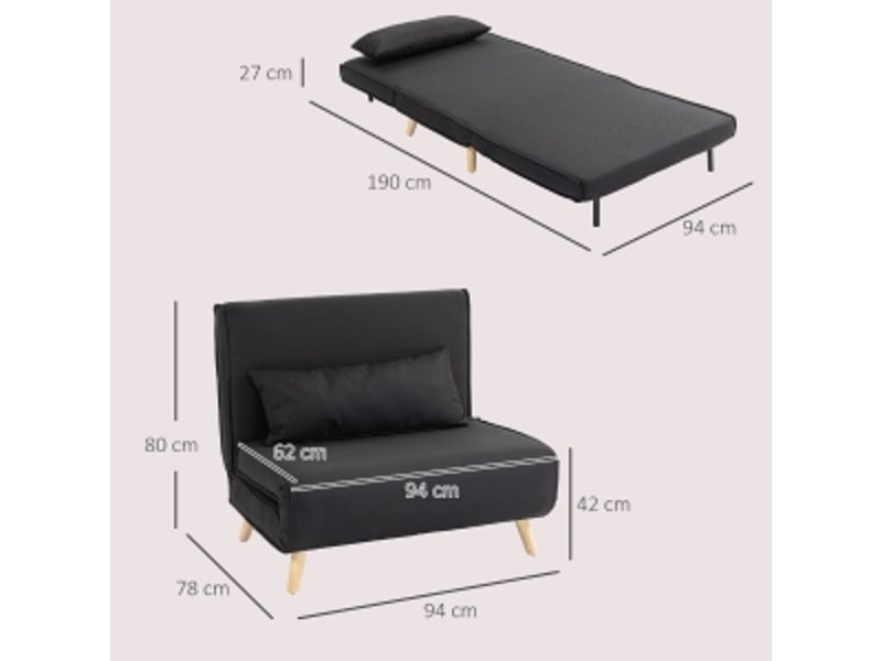  Fauteuil convertible noir, canapé lit d'appoint avec dossier réglable, assise extra large pour salon et chambre d'amis  - Conforama C