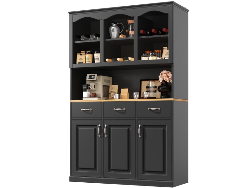  Buffet de cuisine haut 120x40x180 cm – noir – 3 portes, 3 tiroirs et éclairage led multicolore piloté par application  - Conforama A