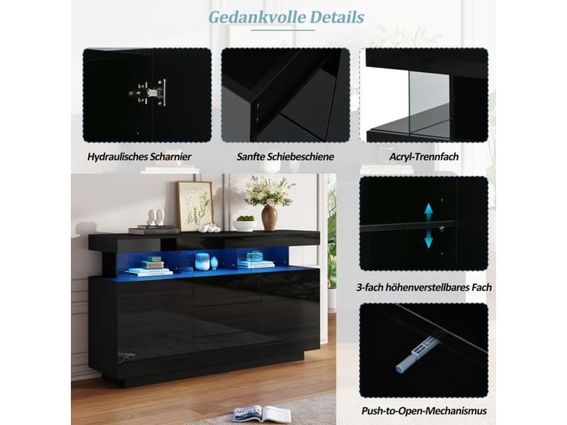  Buffet moderne, moderne, deux portes et trois tiroirs, meuble de rangement brillant, buffet de salon avec éclairage led, 140×35×80cm, noir  - Conforama D