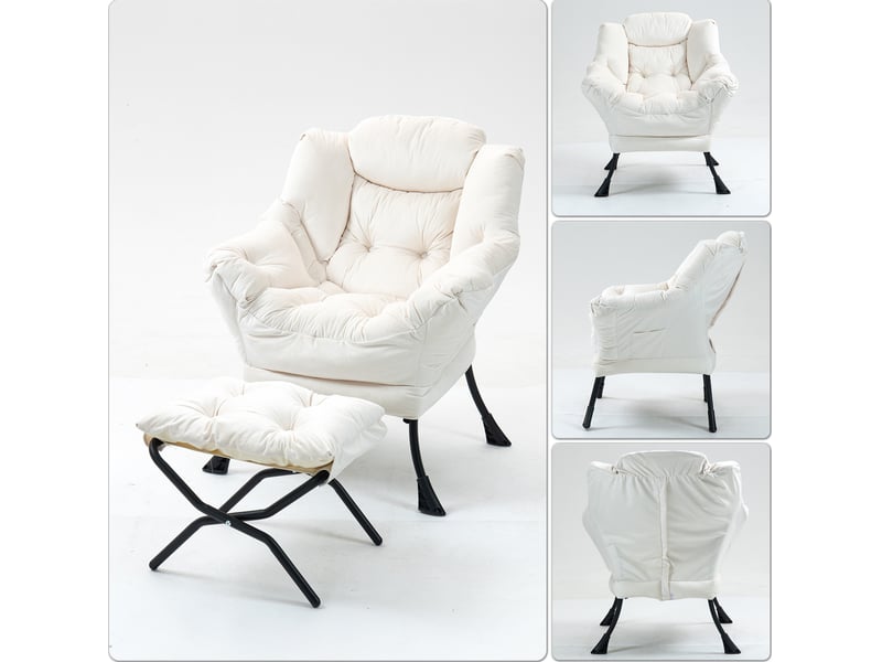  Fauteuil relax avec repose-pieds pliable et poche latérale, blanc cassé, soutien de la nuque pour se détendre  - Conforama D