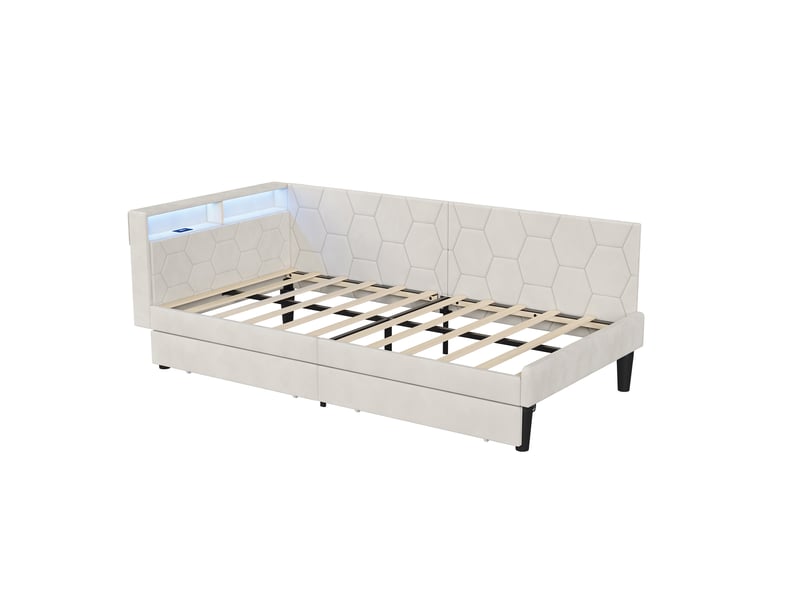 Lit 90x200 avec sommier, lit gigogne avec 2 tiroirs,canape lit avec led et ports usb, cadre lit 1 personne pour adosadulte,beige velours - Conforama E