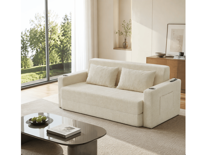 Canapé-lit 2 places 153x77x65 cm - canapé convertible 2 en 1 - canapé pliable - fonction couchage - poches latérales - ports usb - velours - beige CozyNest - Conforama E