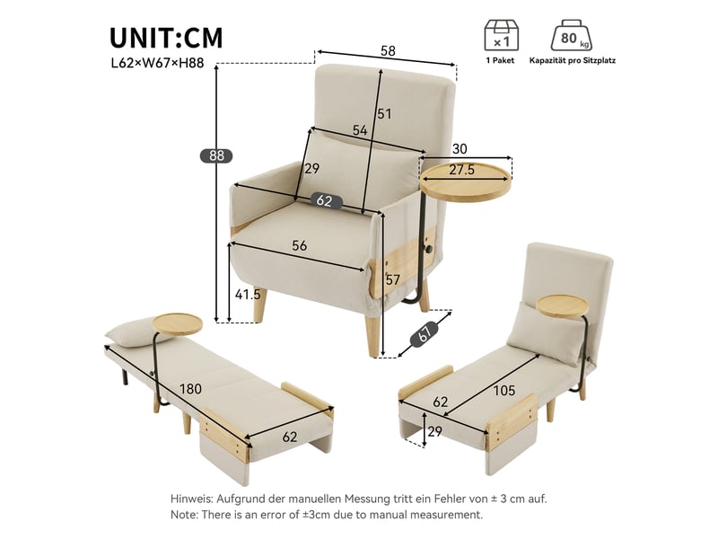  Fauteuil convertible 3 en 1 avec plateau en bois,chaise lounge pliant rembourré,fauteuil lounge,canapé-lit simple avec fonction sommeil  - Conforama E