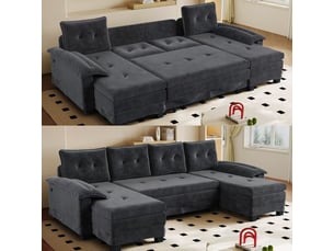 Canapé panoramique, avec couchage d'appoint, avec ports usb, avec coussins, en tissu chenille, coloris gris, l278 x p127 x h87 cm