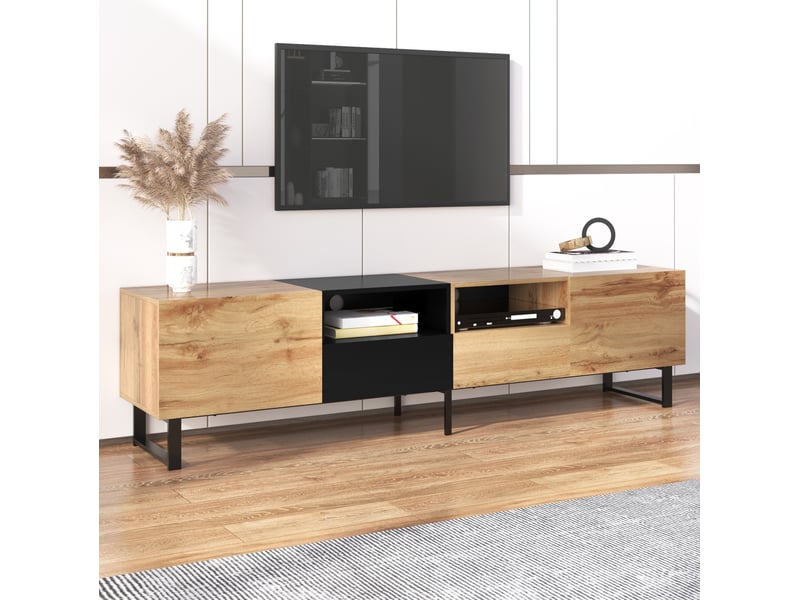  Meuble tv moderne mdf noir et décor bois naturel – 190 x 38 x 48 cm  - Conforama B