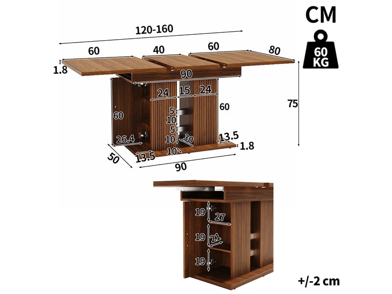  Table à manger extensible 120-160x80 cm pour 4 à 6 personnes, rangement des deux côtés avec étagères, double piètement rainuré, brun foncé  - Conforama D