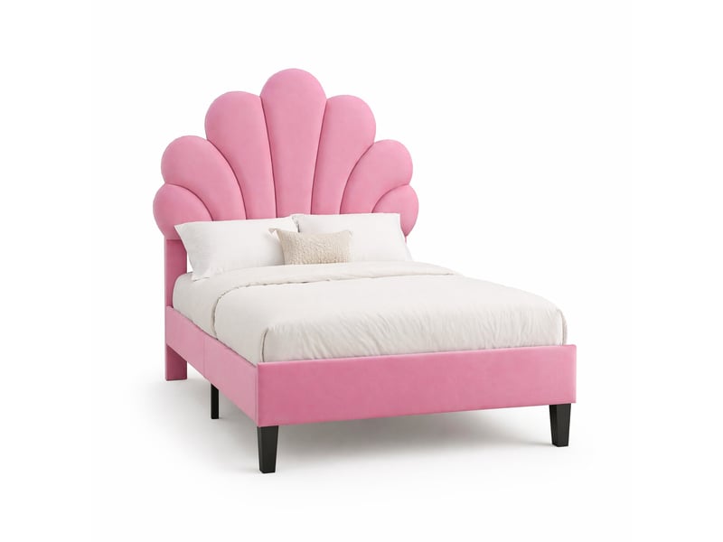  Lit simple enfant 200×90 cm avec tête de lit en forme de fleur et sommier à 12 lattes, sans matelas, en velours rose  - Conforama A