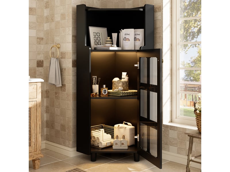  Meuble d'angle led avec niche ouverte et vitrine à 2 portes, contrôlé par application, pour salon, noir, 63,5 × 124 cm  - Conforama B