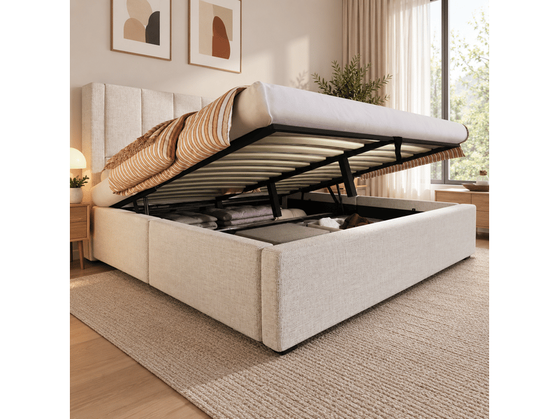  Lit coffre rembourré 160 x 200 cm, rangement hydraulique, porte-gobelet caché, station de recharge, sommier à lattes, revêtement en lin, beige Bliss Lite - Conforama D