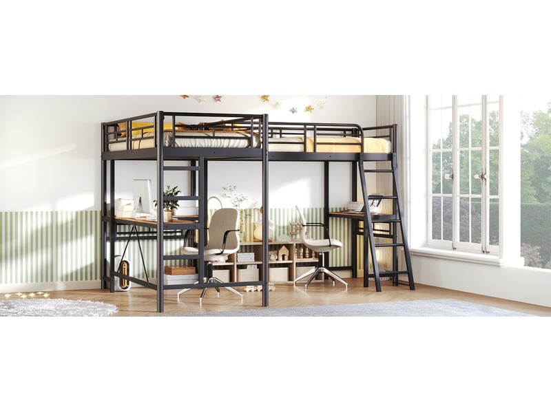  Lit mezzanine 2 couchages 90x200 cm, avec bureau et deux échelles, en métal, noir, sans matelas  - Conforama D