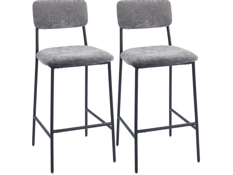 Tabourets de bar lot de 2 avec dossier, repose-pieds et patins réglables en tissu chenille et acier gris - Conforama A
