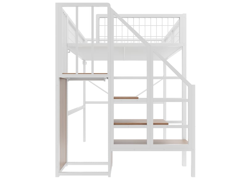  Lit mezzanine 140 × 200 cm en métal blanc, escalier avec rangements et penderie, garde-corps en grille et led  - Conforama E