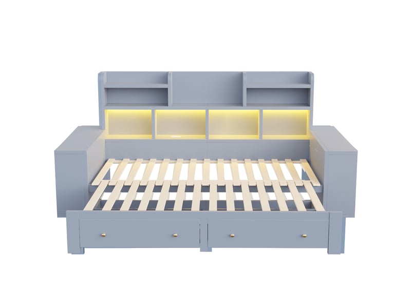  Canapé-lit extensible multifonctionnel en bois, 90180 × 200 cm, avec rangements intégrés dans le dossier et les accoudoirs, étagères, surfaces de rangement et tiroirs, prise électrique et éclairage led, gris  - Conforama E
