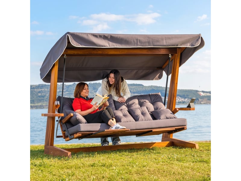  Balancelle de jardin en bois avec toit luna deluxe - anthracite  - Conforama D