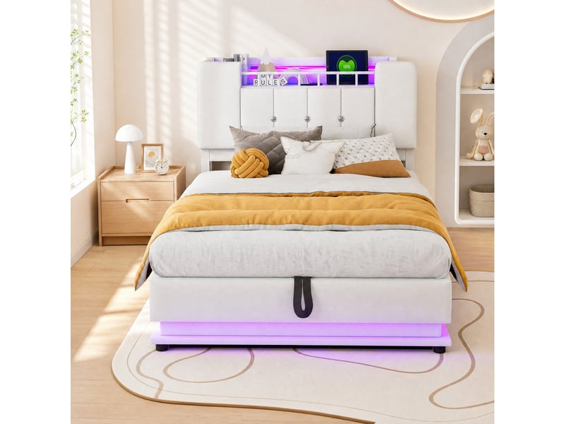  Lit coffre enfant 1 place 90×200 cm, led et usb  - sans matelas, velours beige, métal  - Conforama C
