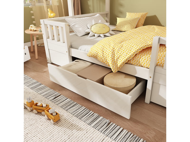  Lit superposé 3 places 90x200 et 140x200 en bois massif blanc et naturel avec escalier de rangement  - Conforama W
