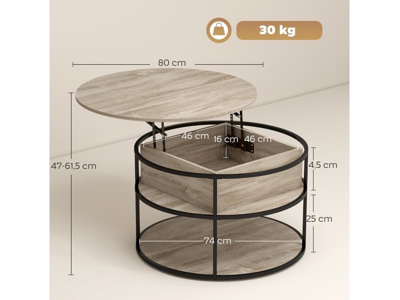  Table basse ronde coloris chêne à plateau relevable avec rangements - ø 80 x 47-61,5 cm  - Conforama D